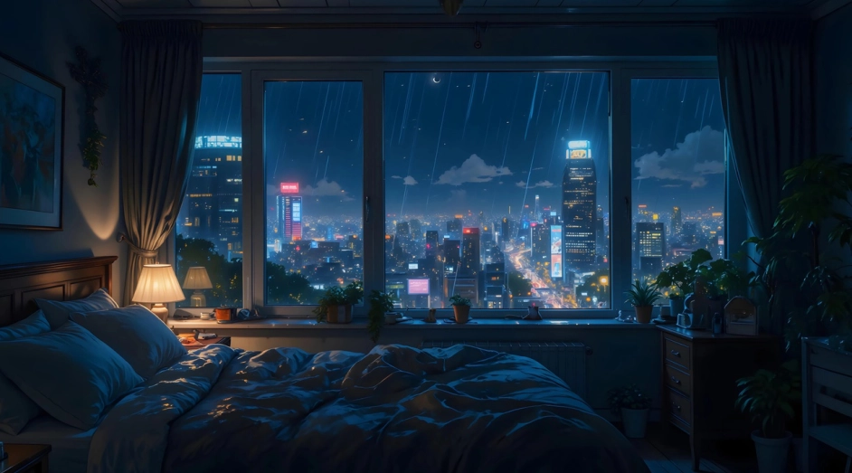 卧室 台灯 城市夜景 雨 窗景 房间温馨卧室 4K壁纸 3840X2160 / 2.20MB