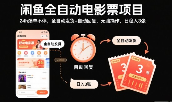 闲鱼全自动电影票项目，24h爆单不停，全自动发货+自动回复，无脑操作，日稳入3张【揭秘】 - 青笺杂货铺 - 网创项目_软件_壁纸下载资源平台