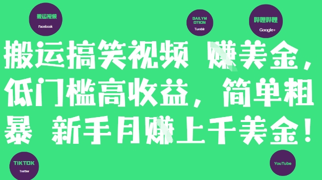 搬运搞笑视频挣美金，低门槛高收益，简单粗暴新手月入上千美刀 - 青笺杂货铺