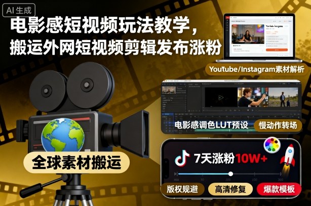 电影感短视频玩法教学,搬运外网短视频剪辑发布涨粉 - 青笺杂货铺