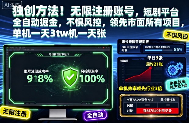 独创方法！无限注册账号，短剧平台全自动掘金，不惧风控，领先市面所有项目，单机一天3张【揭秘】 - 青笺杂货铺