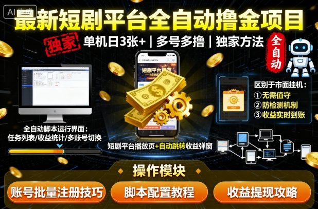 最新短剧平台全自动挂G撸金项目，单机一天3张+，多号多撸，区别于市面所有挂机项目，独家方法【揭秘】 - 青笺杂货铺