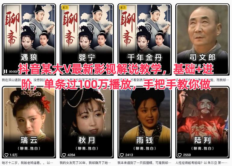 抖音某大V最新影视解说教学，基础+进阶，单条过100万播放，手把手教你做 - 青笺杂货铺 - 网创项目_软件_壁纸下载资源平台