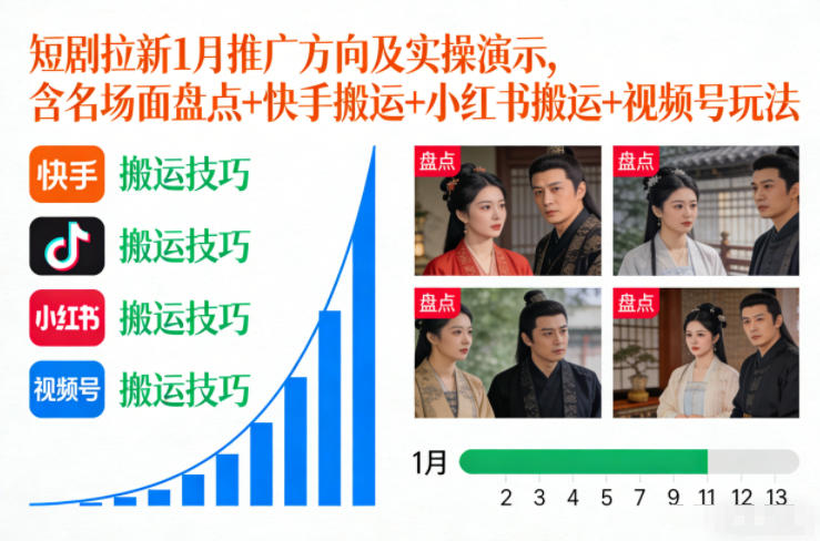 短剧拉新1月推广方向及实操演示，含名场面盘点+快手搬运+小红书搬运+视频号玩法 - 青笺杂货铺 - 网创项目_软件_壁纸下载资源平台