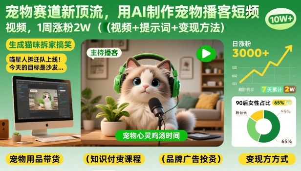 宠物赛道新顶流，用AI制作宠物播客短视频，1周涨粉2W(视频+提示词+变现方法) - 青笺杂货铺 - 网创项目_软件_壁纸下载资源平台