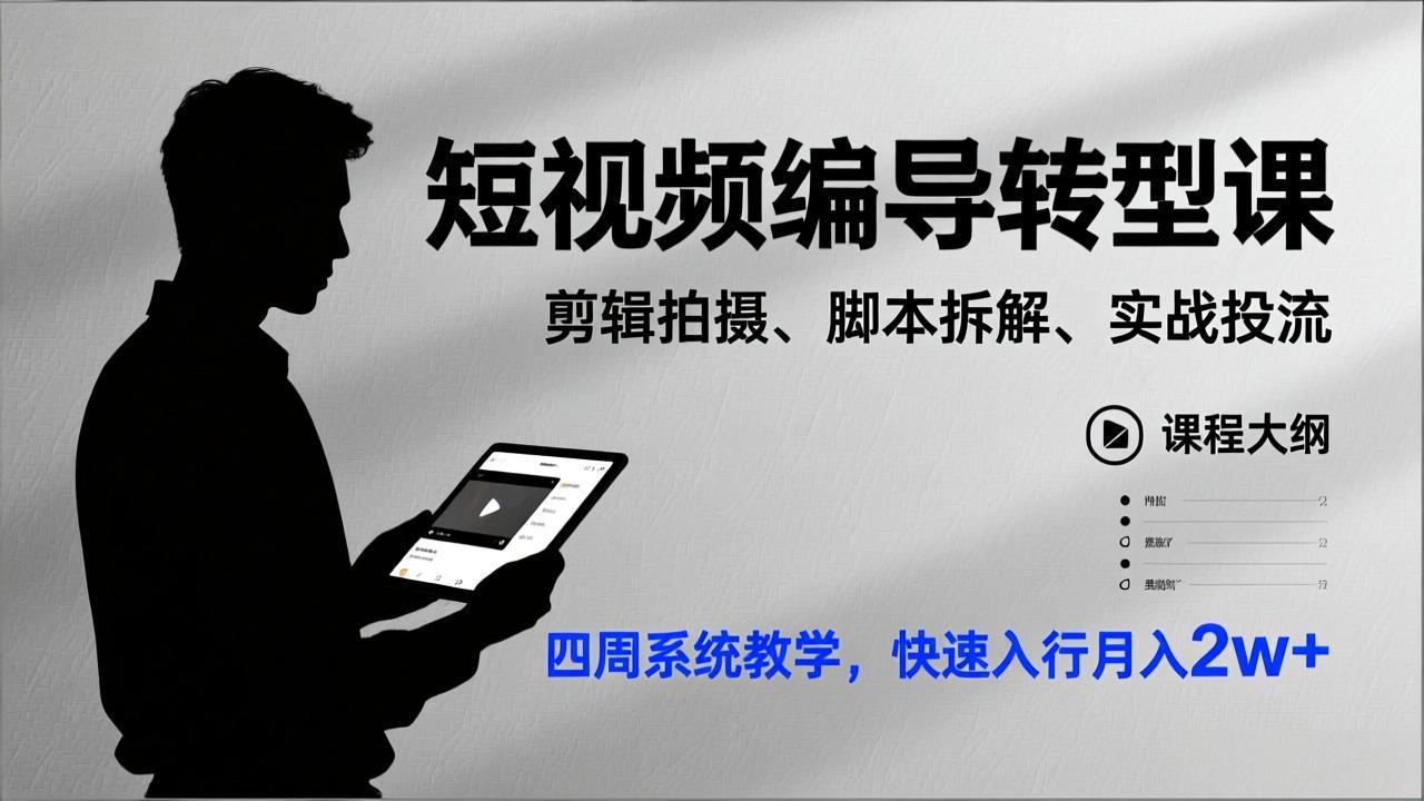 短视频编导转型课，剪辑拍摄、脚本拆解、实战投流，四周系统教学，快速入行月入2w+ - 青笺杂货铺 - 网创项目_软件_壁纸下载资源平台