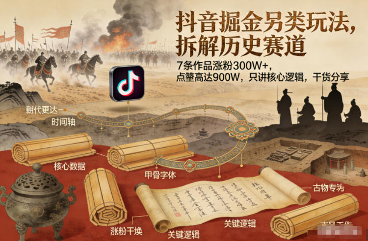 抖音掘金另类玩法，拆解历史赛道，7条作品涨粉300W+，点赞量高达900W，只讲核心逻辑，干货分享 - 青笺杂货铺 - 网创项目_软件_壁纸下载资源平台